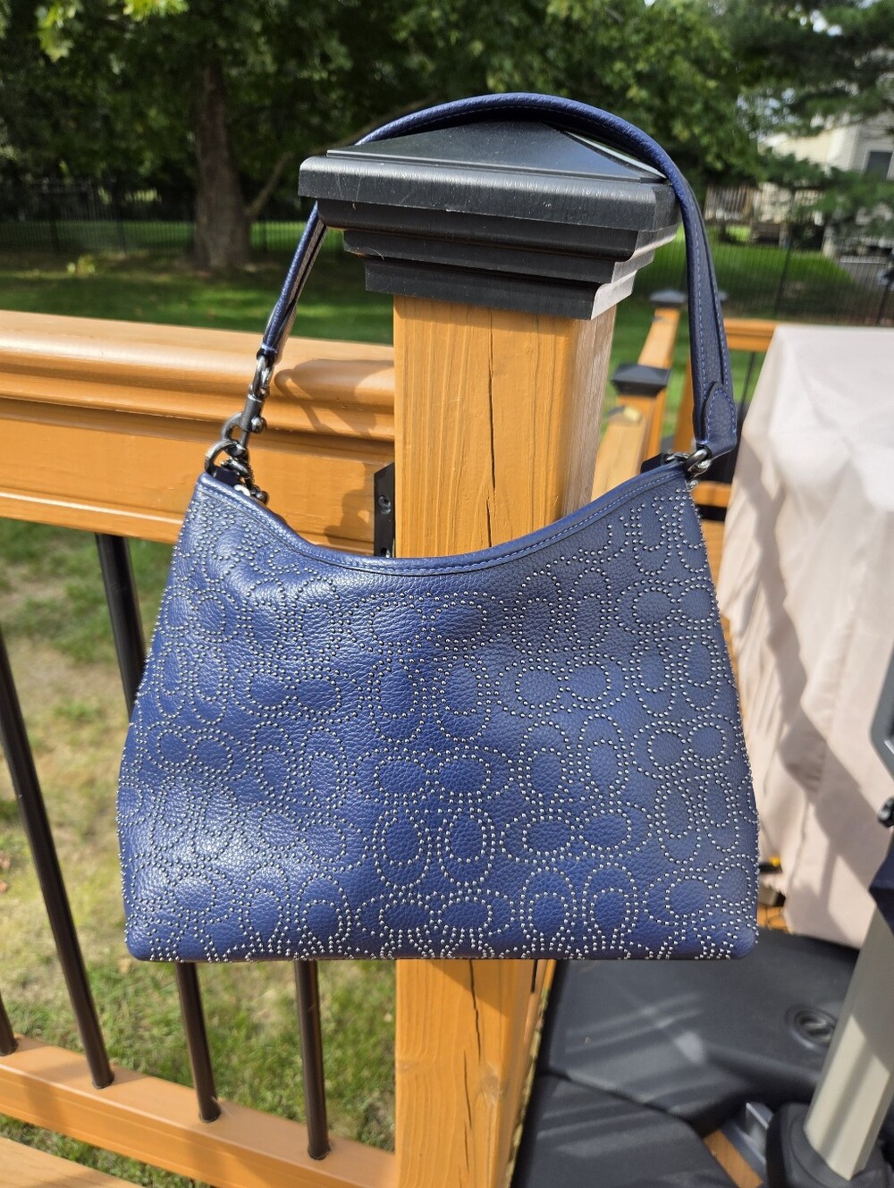 Coach Navy Signature LAUREL Shoulder Bag With GUNMETAL RIVETS